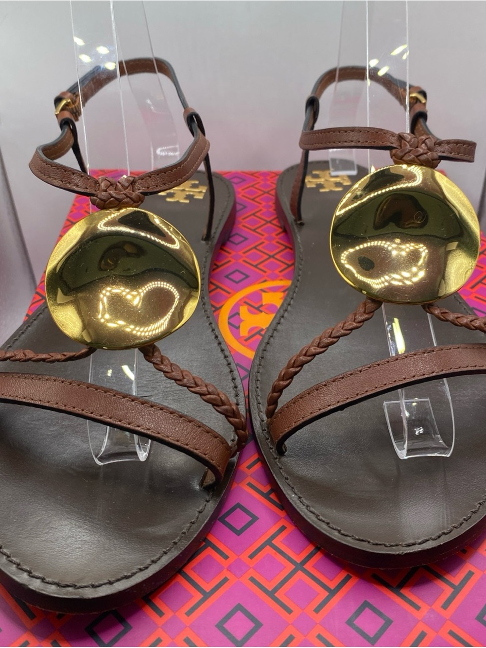Brown Leather Braided T-Strap Sandals with Gold Medallion
